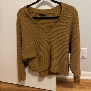 Mustard/Brown V-Neck Knitted Sweater with Long Sleeves